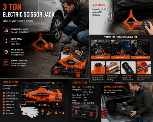 🚗⚡ SALE 50% – 3T Electric Scissor Car Jack with Portable Impact Wrench for SUV & Truck