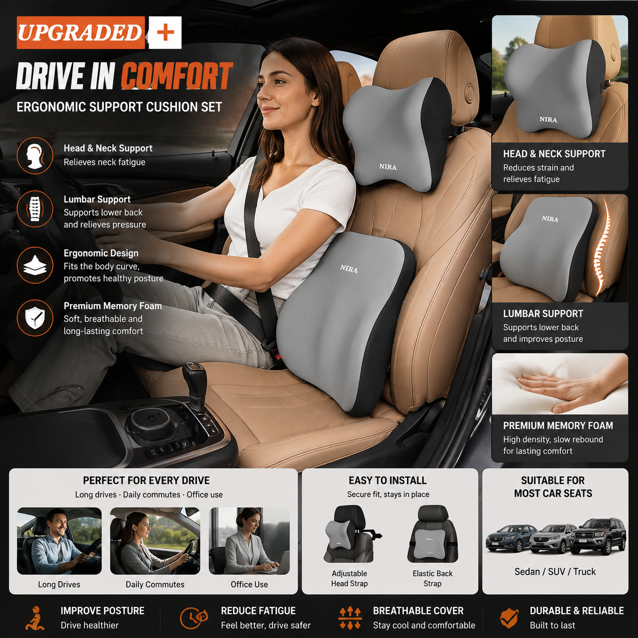 🔥33% OFF Memory Foam Car Neck & Lumbar Support Pillow – Comfortable Driving Cushion