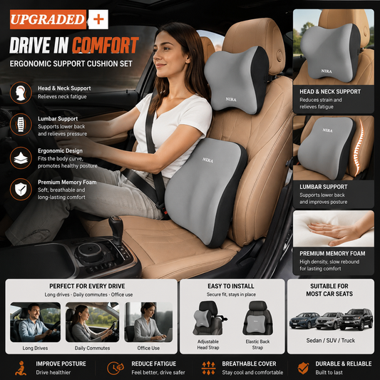 🔥33% OFF Memory Foam Car Neck & Lumbar Support Pillow – Comfortable Driving Cushion