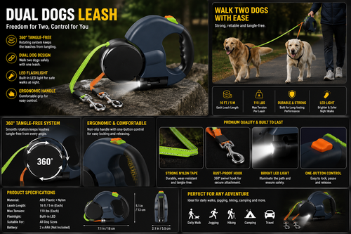 ✨🐾 28% OFF Double Dog Walking Leash – 360° Swivel, Anti-Tangle & Built-In Light