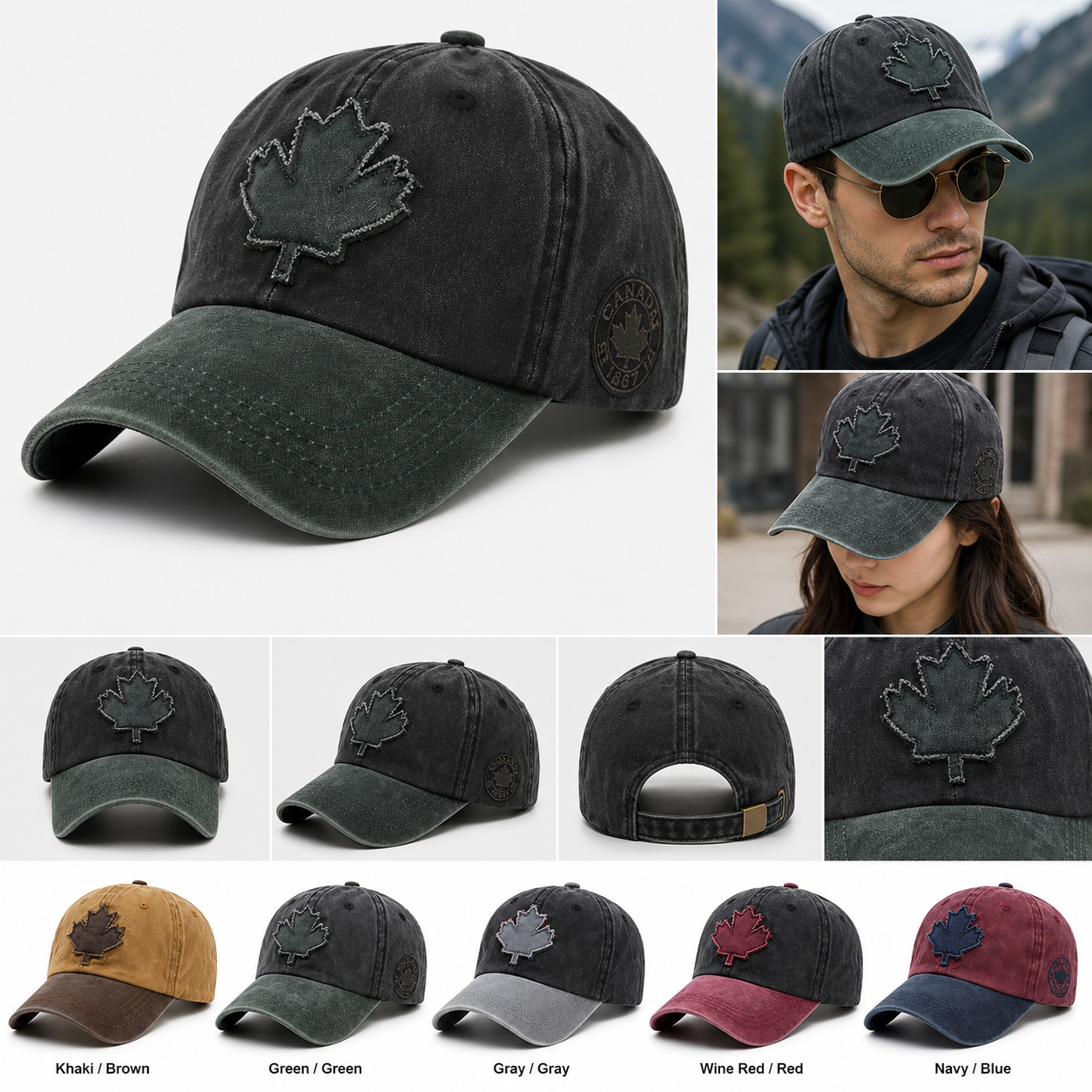 🍁🧢 Unisex Washed Cotton Vintage Canada Baseball Cap – Big Maple Leaf Embroidery Hat