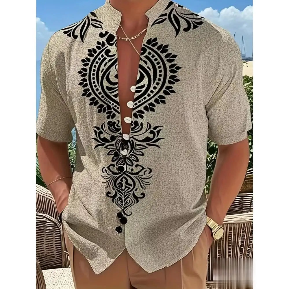 New men's linen short-sleeved shirt, fashionable, retro style, ethnic totem print, comfortable and breathable, men's top