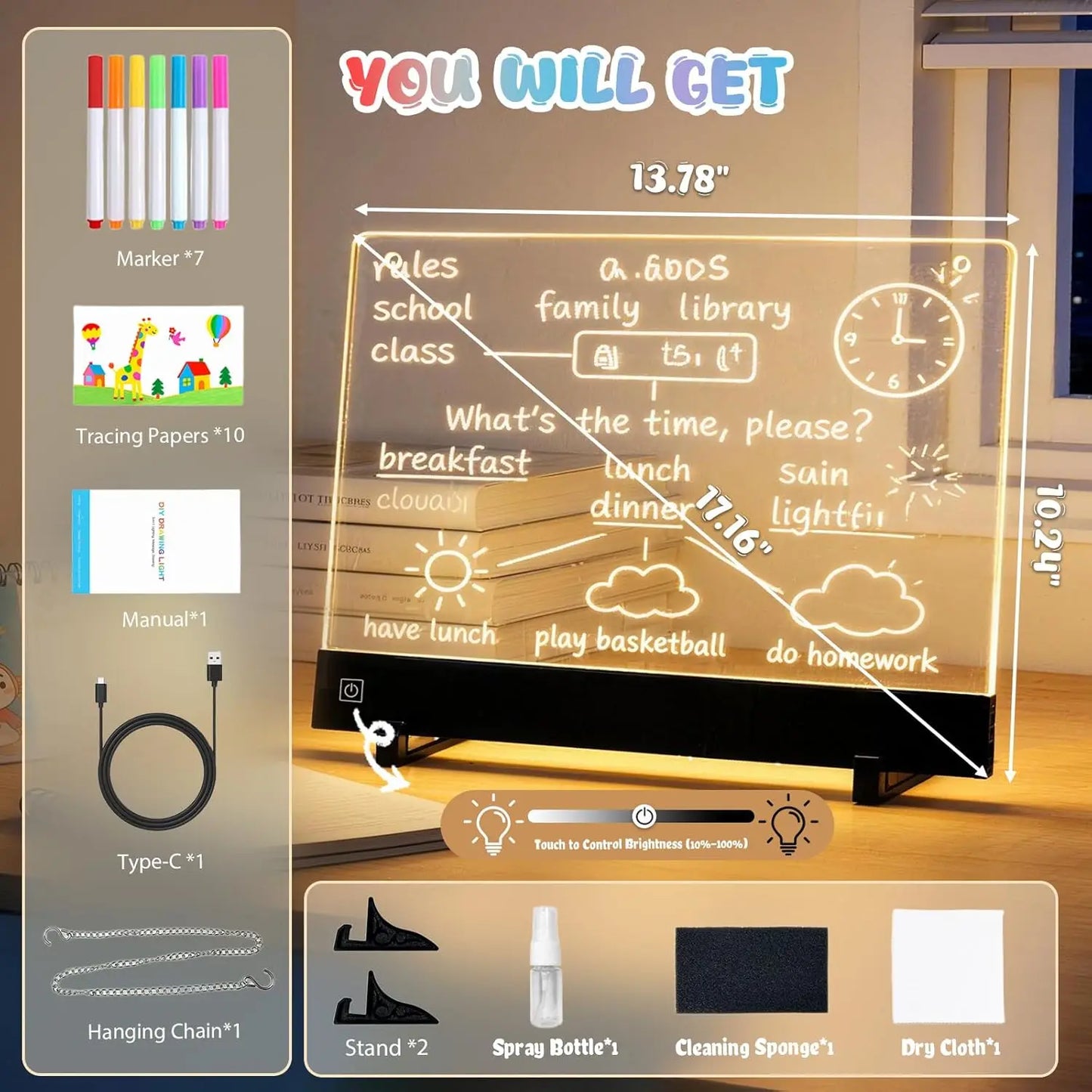 🔥30% Off 🎨 17-inch LED Drawing Board – Rechargeable LED Drawing Board - 4 Modes + 7 Colored Pencils - Includes Water Spray Bottle and Cleaning Cloth