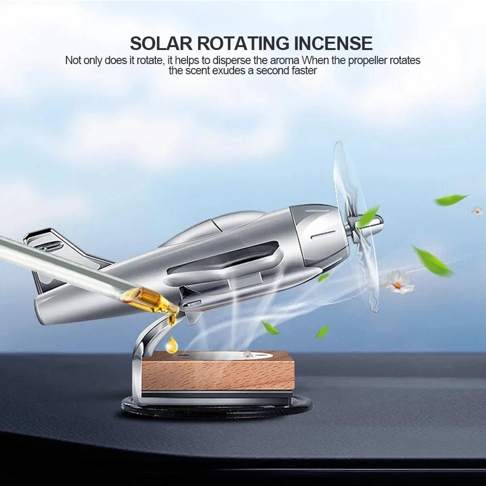 ✈️🚗 Solar Airplane Car Essential Oil Diffuser – Wooden Base Aromatherapy Fragrance Ornament