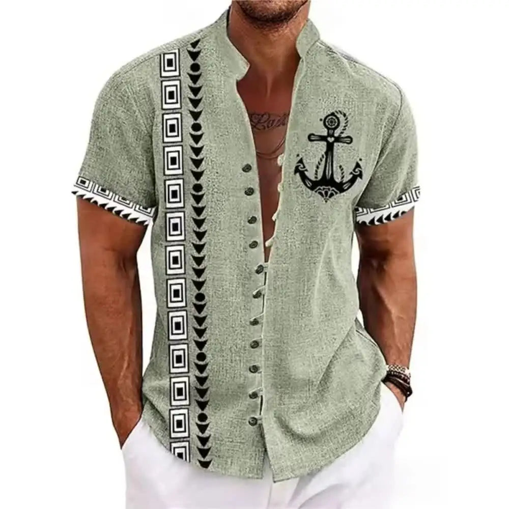 New men's linen short-sleeved shirt, fashionable, retro style, ethnic totem print, comfortable and breathable, men's top