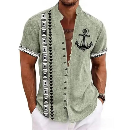 New men's linen short-sleeved shirt, fashionable, retro style, ethnic totem print, comfortable and breathable, men's top