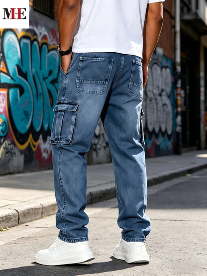 👖🔥 35% OFF HME Men’s Loose Fit Denim Pants – Casual Straight Leg Cargo Jeans