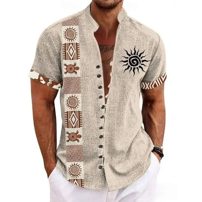 New men's linen short-sleeved shirt, fashionable, retro style, ethnic totem print, comfortable and breathable, men's top