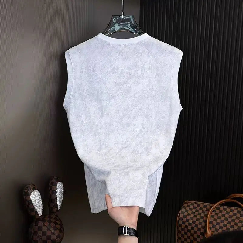 Men's Summer Sleeveless T-shirt Casual Washed Print Tank Tops Male O-neck Breathable Vest For Daily Gym Workout Streetwear