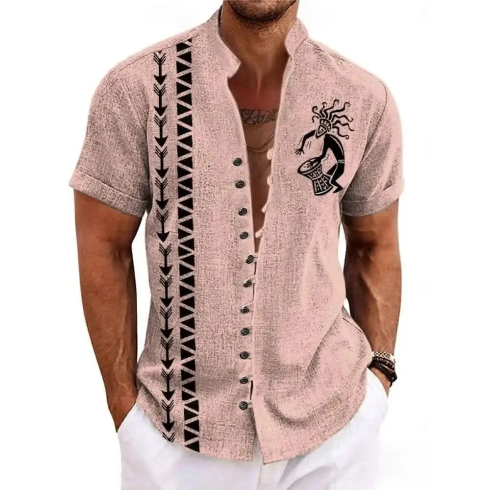 New men's linen short-sleeved shirt, fashionable, retro style, ethnic totem print, comfortable and breathable, men's top