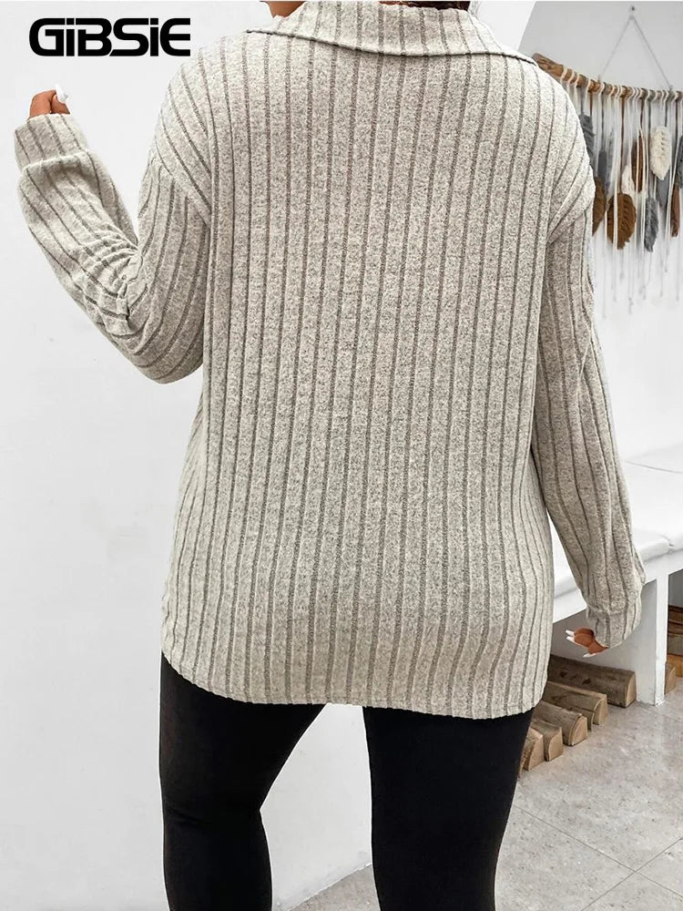 🌸✨ Plus Size Women’s Ribbed Knit T-Shirt – Casual Polo Collar Long Sleeve Tee 2026