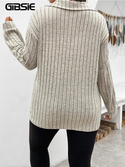 🌸✨ Plus Size Women’s Ribbed Knit T-Shirt – Casual Polo Collar Long Sleeve Tee 2026