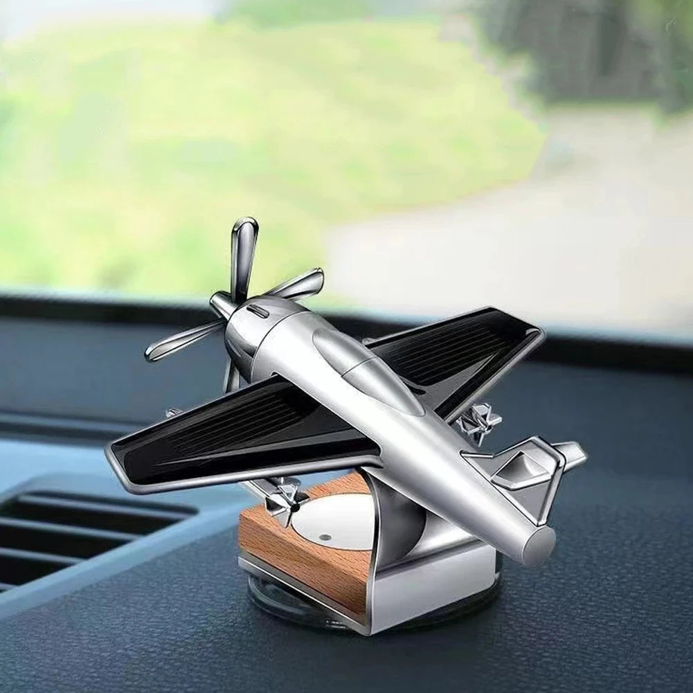 ✈️🚗 Solar Airplane Car Essential Oil Diffuser – Wooden Base Aromatherapy Fragrance Ornament
