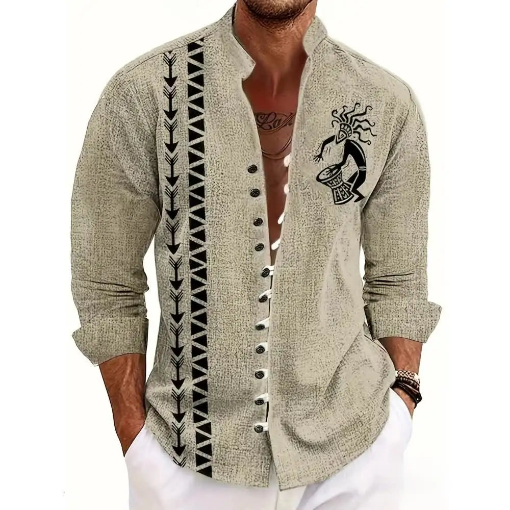 New men's linen short-sleeved shirt, fashionable, retro style, ethnic totem print, comfortable and breathable, men's top