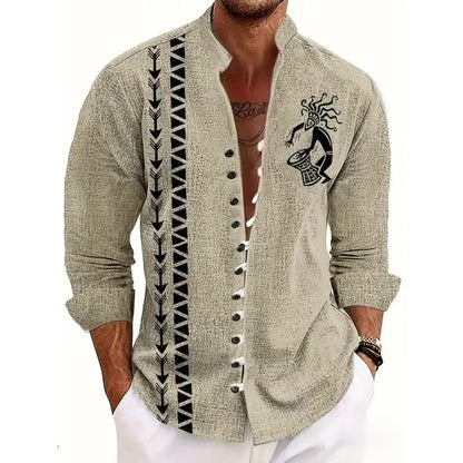 New men's linen short-sleeved shirt, fashionable, retro style, ethnic totem print, comfortable and breathable, men's top