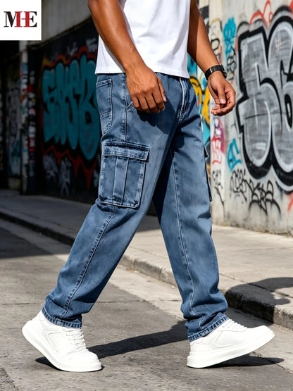 👖🔥 35% OFF HME Men’s Loose Fit Denim Pants – Casual Straight Leg Cargo Jeans