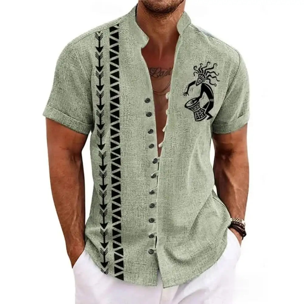 New men's linen short-sleeved shirt, fashionable, retro style, ethnic totem print, comfortable and breathable, men's top