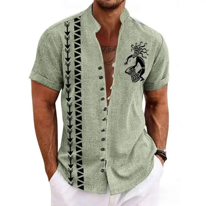 New men's linen short-sleeved shirt, fashionable, retro style, ethnic totem print, comfortable and breathable, men's top