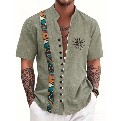 New men's linen short-sleeved shirt, fashionable, retro style, ethnic totem print, comfortable and breathable, men's top