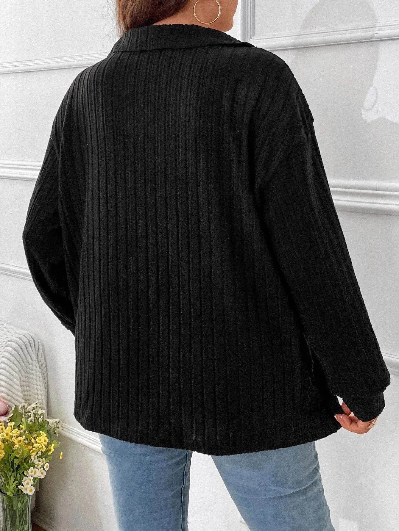 🌸✨ Plus Size Women’s Ribbed Knit T-Shirt – Casual Polo Collar Long Sleeve Tee 2026