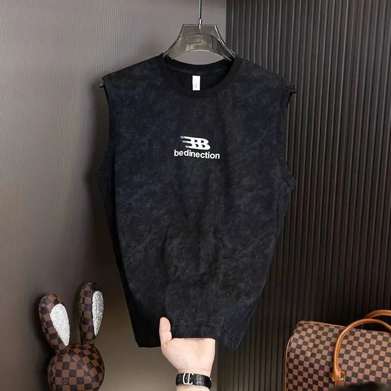 Men's Summer Sleeveless T-shirt Casual Washed Print Tank Tops Male O-neck Breathable Vest For Daily Gym Workout Streetwear
