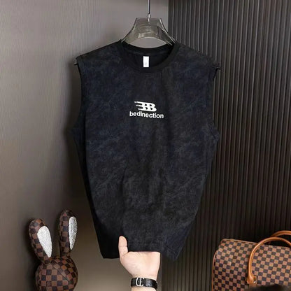 Men's Summer Sleeveless T-shirt Casual Washed Print Tank Tops Male O-neck Breathable Vest For Daily Gym Workout Streetwear