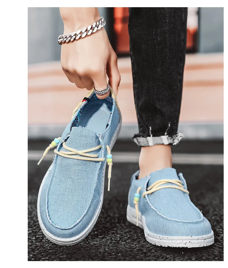 Spring Summer Blue Casual Boat Shoes Lightweight Slip-on Driving Shoes Men Low-cut Breathable Canvas Men Shoes Loafers