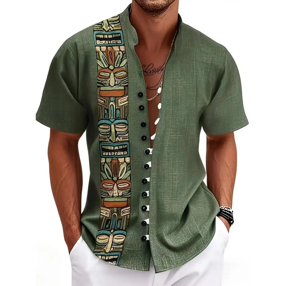 New men's linen short-sleeved shirt, fashionable, retro style, ethnic totem print, comfortable and breathable, men's top