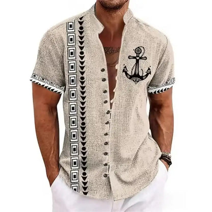 New men's linen short-sleeved shirt, fashionable, retro style, ethnic totem print, comfortable and breathable, men's top
