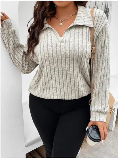🌸✨ Plus Size Women’s Ribbed Knit T-Shirt – Casual Polo Collar Long Sleeve Tee 2026