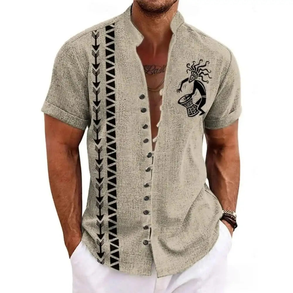New men's linen short-sleeved shirt, fashionable, retro style, ethnic totem print, comfortable and breathable, men's top