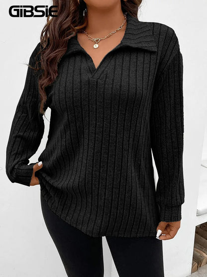 🌸✨ Plus Size Women’s Ribbed Knit T-Shirt – Casual Polo Collar Long Sleeve Tee 2026