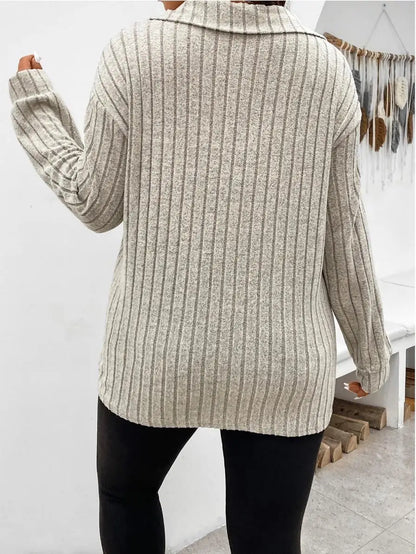 🌸✨ Plus Size Women’s Ribbed Knit T-Shirt – Casual Polo Collar Long Sleeve Tee 2026