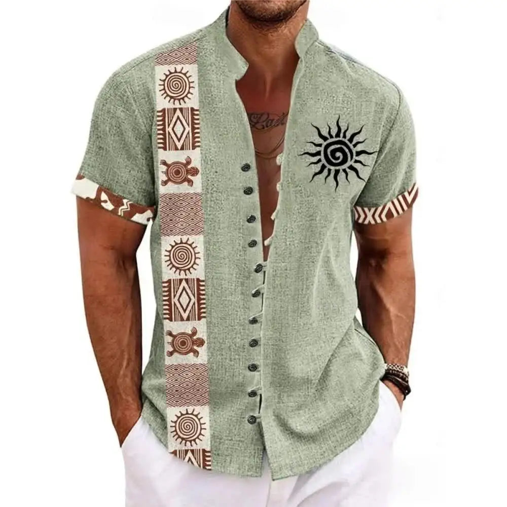 New men's linen short-sleeved shirt, fashionable, retro style, ethnic totem print, comfortable and breathable, men's top