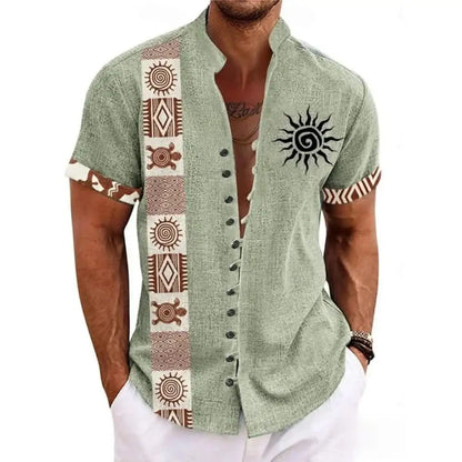 New men's linen short-sleeved shirt, fashionable, retro style, ethnic totem print, comfortable and breathable, men's top