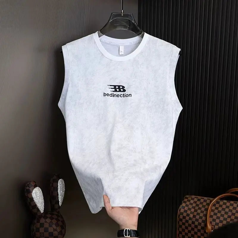 Men's Summer Sleeveless T-shirt Casual Washed Print Tank Tops Male O-neck Breathable Vest For Daily Gym Workout Streetwear