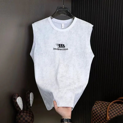Men's Summer Sleeveless T-shirt Casual Washed Print Tank Tops Male O-neck Breathable Vest For Daily Gym Workout Streetwear