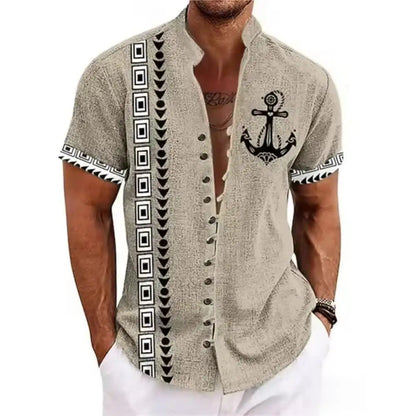 New men's linen short-sleeved shirt, fashionable, retro style, ethnic totem print, comfortable and breathable, men's top
