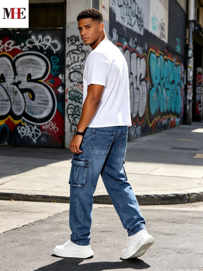 👖🔥 35% OFF HME Men’s Loose Fit Denim Pants – Casual Straight Leg Cargo Jeans