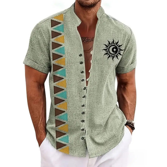 New men's linen short-sleeved shirt, fashionable, retro style, ethnic totem print, comfortable and breathable, men's top