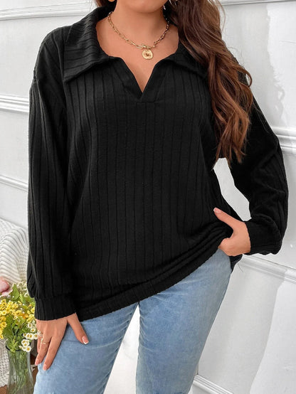 🌸✨ Plus Size Women’s Ribbed Knit T-Shirt – Casual Polo Collar Long Sleeve Tee 2026