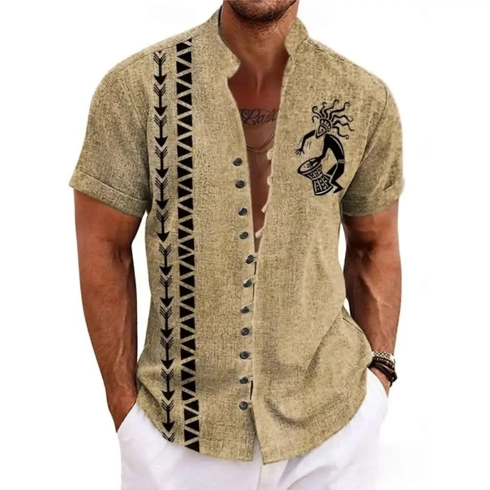New men's linen short-sleeved shirt, fashionable, retro style, ethnic totem print, comfortable and breathable, men's top