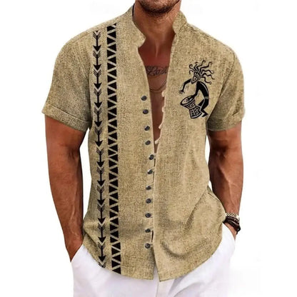 New men's linen short-sleeved shirt, fashionable, retro style, ethnic totem print, comfortable and breathable, men's top